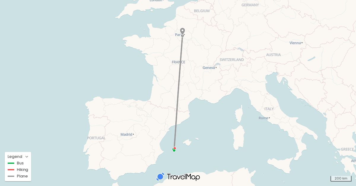 TravelMap itinerary: driving, bus, plane, hiking in Spain, France (Europe)